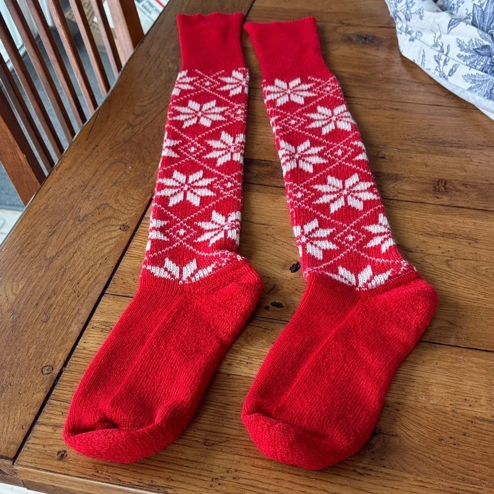 Red and White Snowflake Patterned Knee-High Socks Unisex Stretch Holiday Cabin